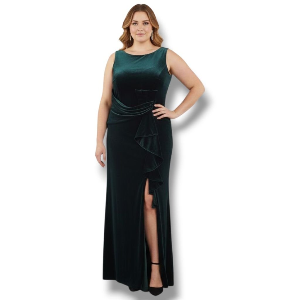 Betsy & Adam Maxi Dress Green Velvet 16 Sleeveless Ruffle Slit Holiday Christmas